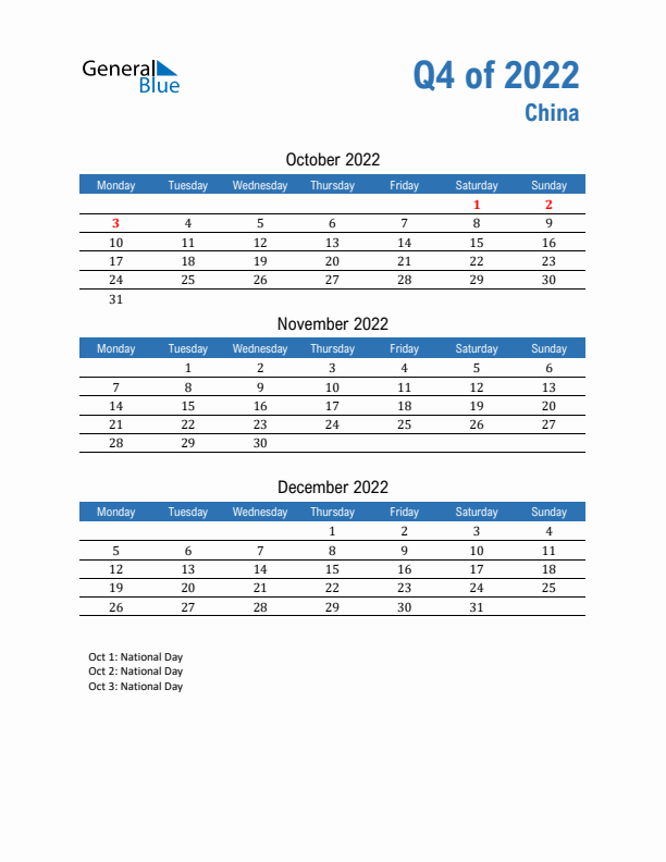 China Q4 2022 Quarterly Calendar with Monday Start