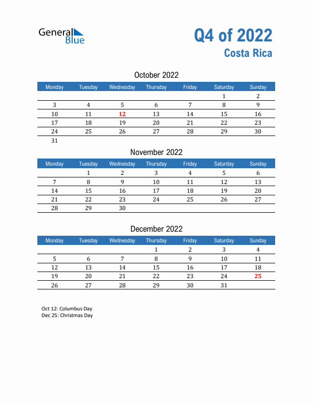 Costa Rica Q4 2022 Quarterly Calendar with Monday Start