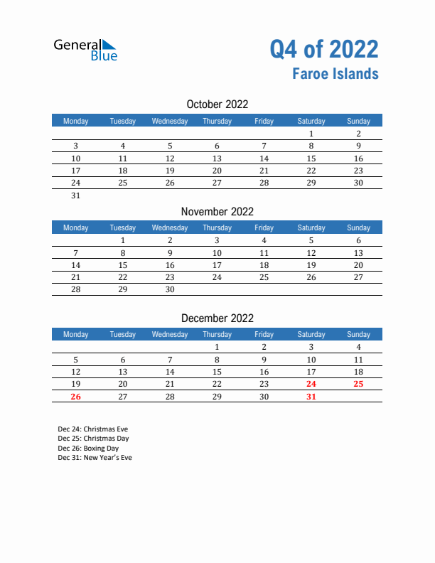 Faroe Islands Q4 2022 Quarterly Calendar with Monday Start