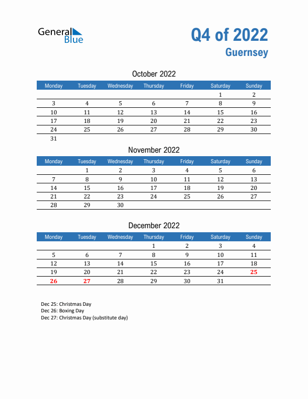 Guernsey Q4 2022 Quarterly Calendar with Monday Start