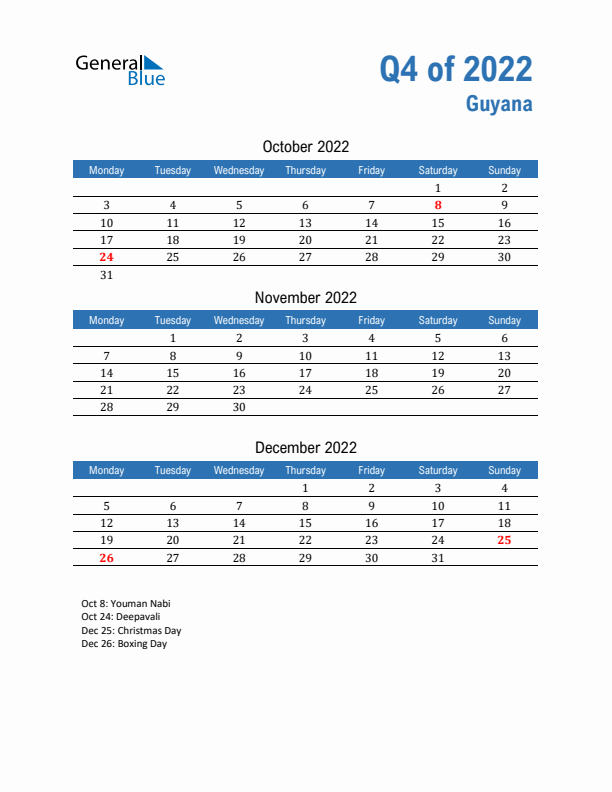 Guyana Q4 2022 Quarterly Calendar with Monday Start