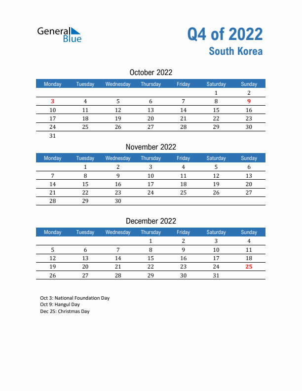 South Korea Q4 2022 Quarterly Calendar with Monday Start