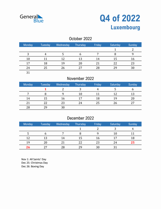 Luxembourg Q4 2022 Quarterly Calendar with Monday Start