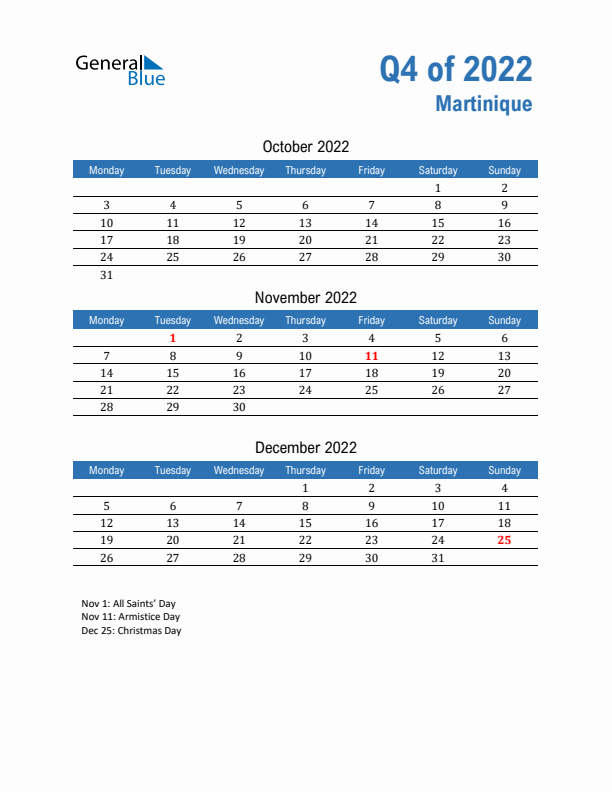 Martinique Q4 2022 Quarterly Calendar with Monday Start