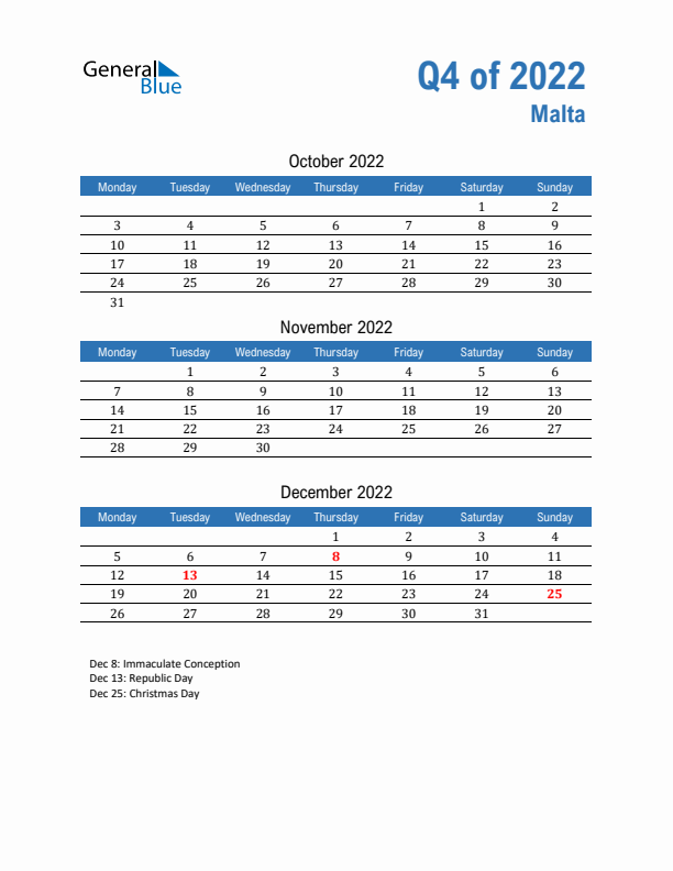 Malta Q4 2022 Quarterly Calendar with Monday Start