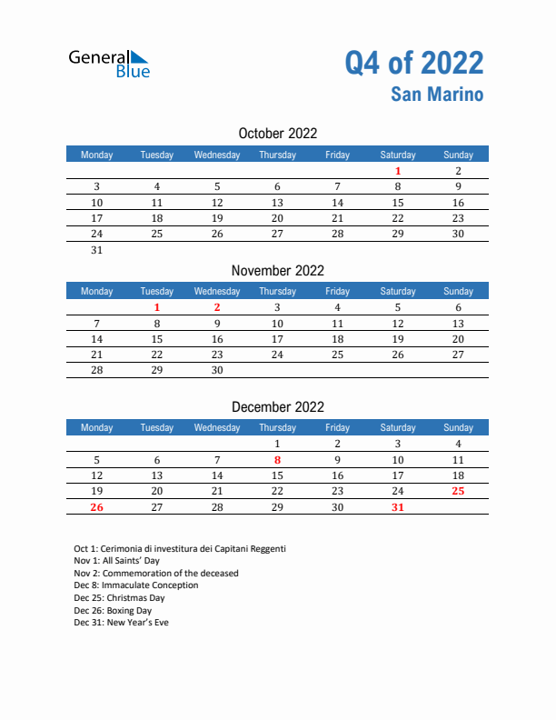 San Marino Q4 2022 Quarterly Calendar with Monday Start