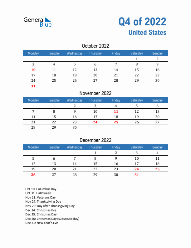 United States Q4 2022 Quarterly Calendar with Monday Start