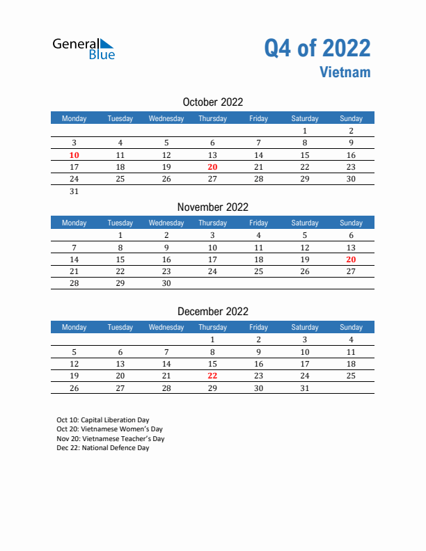 Vietnam Q4 2022 Quarterly Calendar with Monday Start