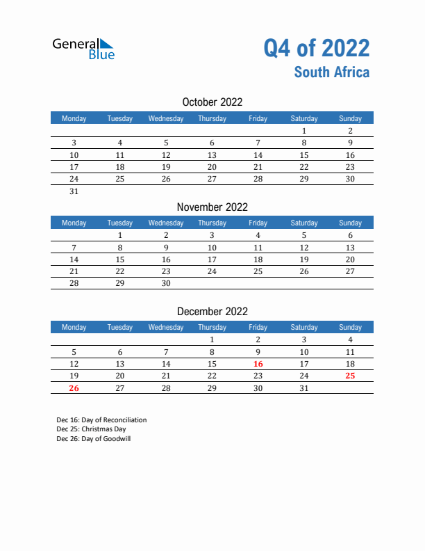 South Africa Q4 2022 Quarterly Calendar with Monday Start