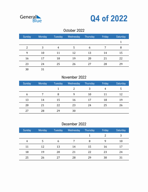 Fillable Quarterly Calendar for Q4 2022