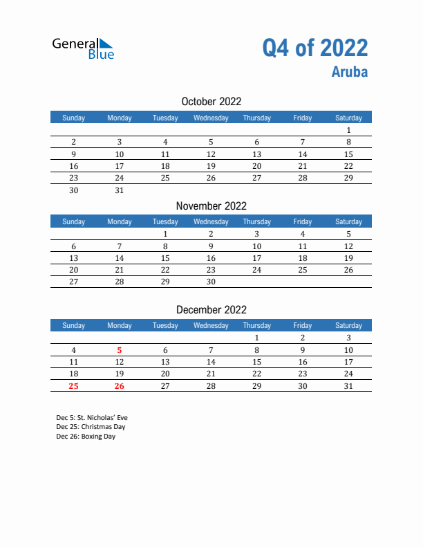 Aruba Q4 2022 Quarterly Calendar with Sunday Start