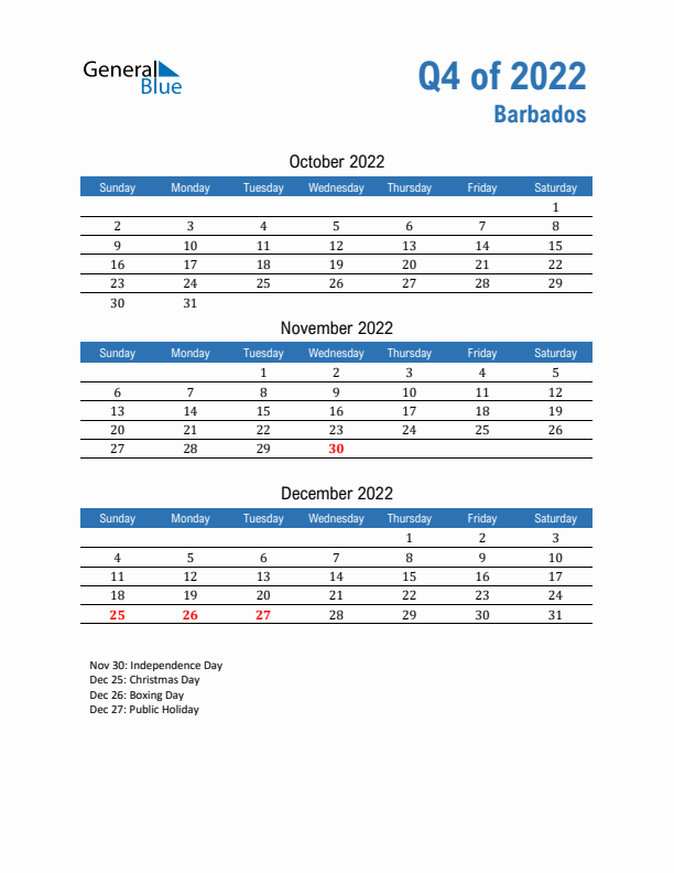 Barbados Q4 2022 Quarterly Calendar with Sunday Start