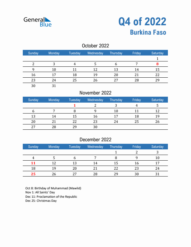 Burkina Faso Q4 2022 Quarterly Calendar with Sunday Start