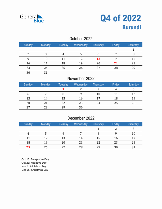 Burundi Q4 2022 Quarterly Calendar with Sunday Start