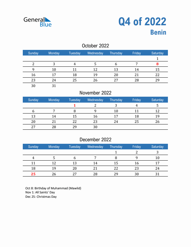 Benin Q4 2022 Quarterly Calendar with Sunday Start