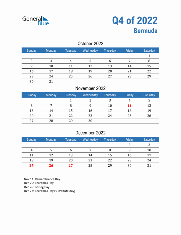 Bermuda Q4 2022 Quarterly Calendar with Sunday Start