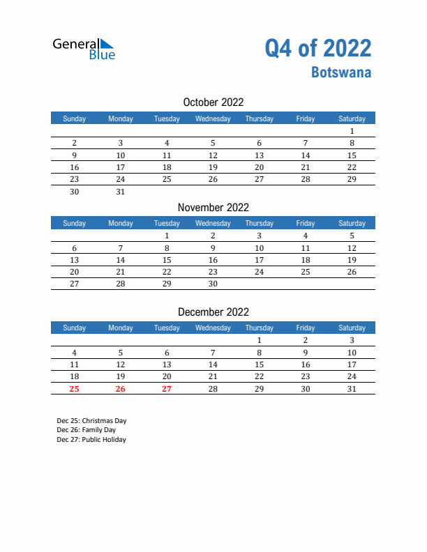 Botswana Q4 2022 Quarterly Calendar with Sunday Start