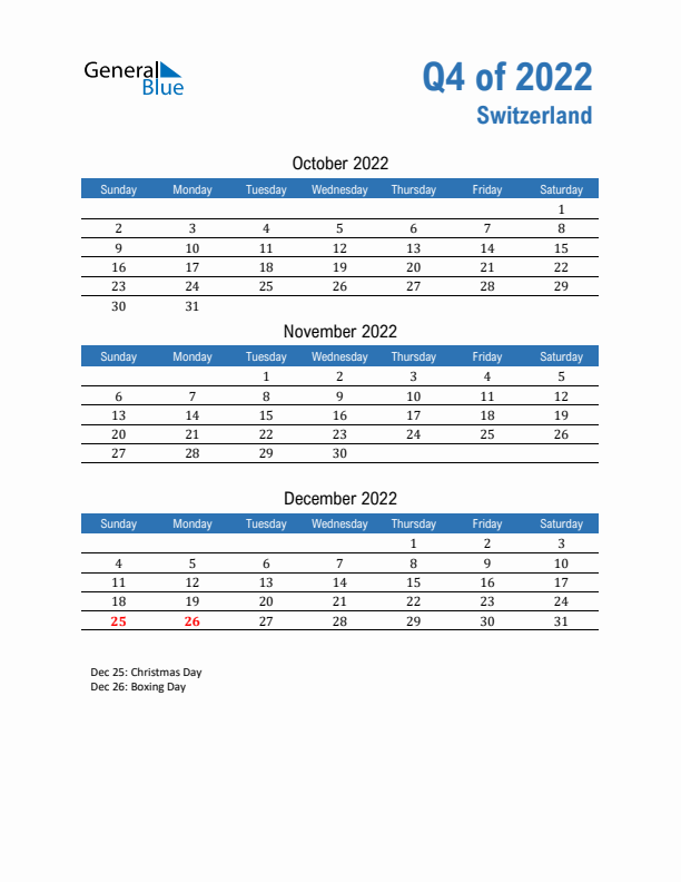 Switzerland Q4 2022 Quarterly Calendar with Sunday Start