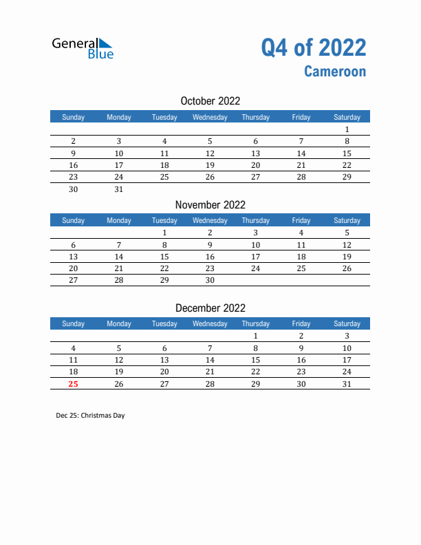 Cameroon Q4 2022 Quarterly Calendar with Sunday Start