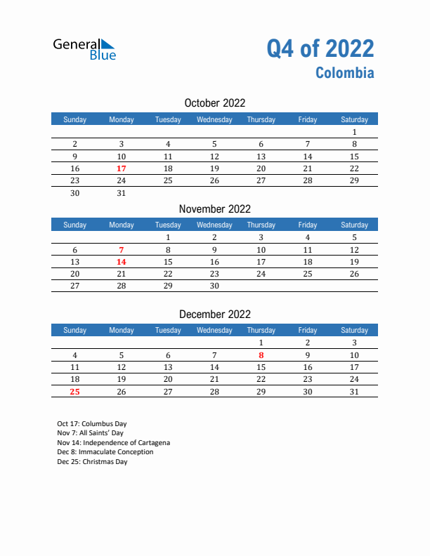 Colombia Q4 2022 Quarterly Calendar with Sunday Start