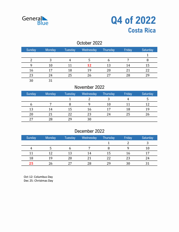 Costa Rica Q4 2022 Quarterly Calendar with Sunday Start