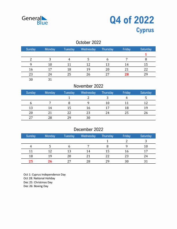 Cyprus Q4 2022 Quarterly Calendar with Sunday Start