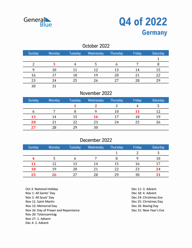 Germany Q4 2022 Quarterly Calendar with Sunday Start