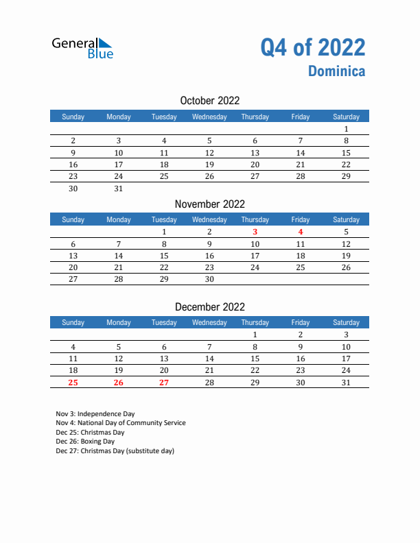 Dominica Q4 2022 Quarterly Calendar with Sunday Start