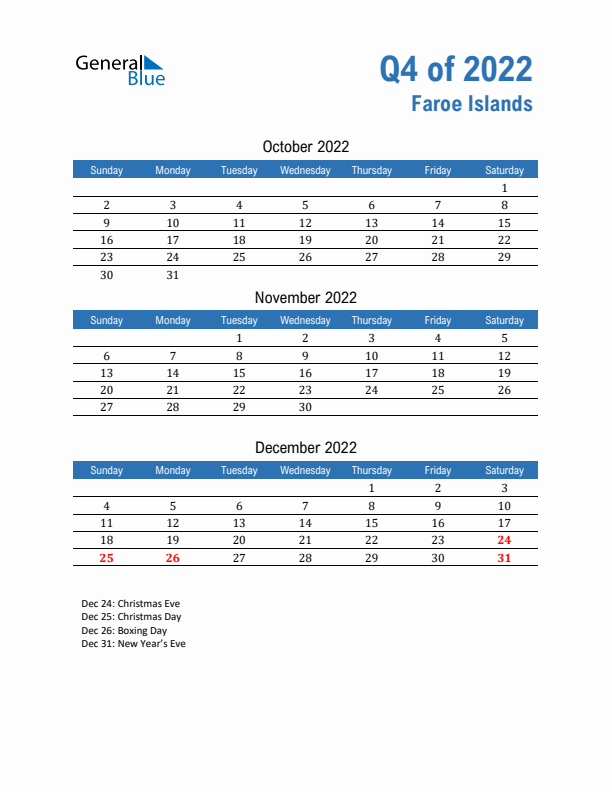 Faroe Islands Q4 2022 Quarterly Calendar with Sunday Start