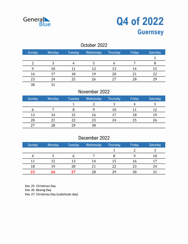 Guernsey Q4 2022 Quarterly Calendar with Sunday Start