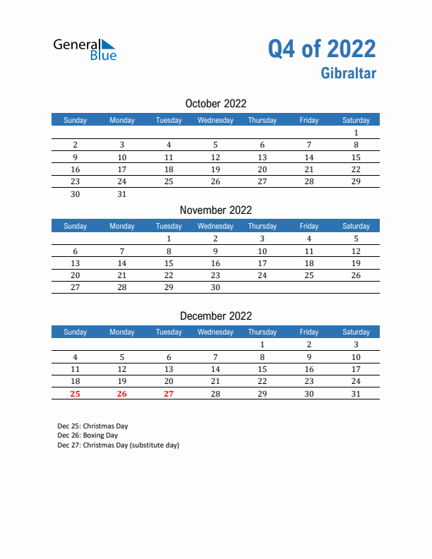 Gibraltar Q4 2022 Quarterly Calendar with Sunday Start