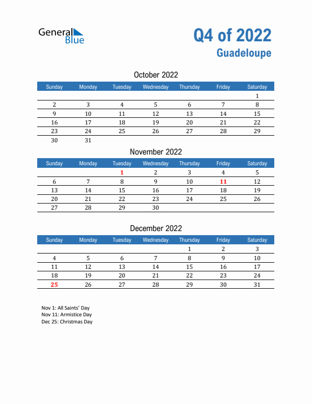 Guadeloupe Q4 2022 Quarterly Calendar with Sunday Start