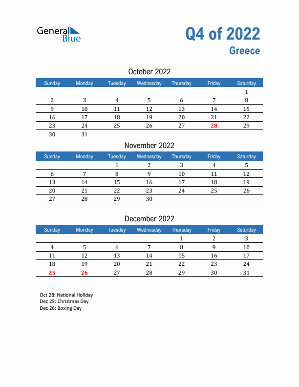 Greece Q4 2022 Quarterly Calendar with Sunday Start