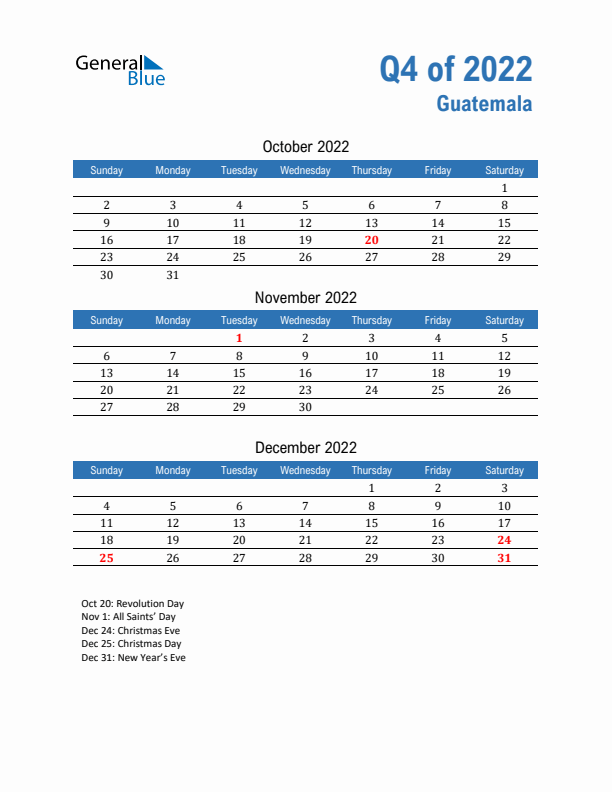 Guatemala Q4 2022 Quarterly Calendar with Sunday Start