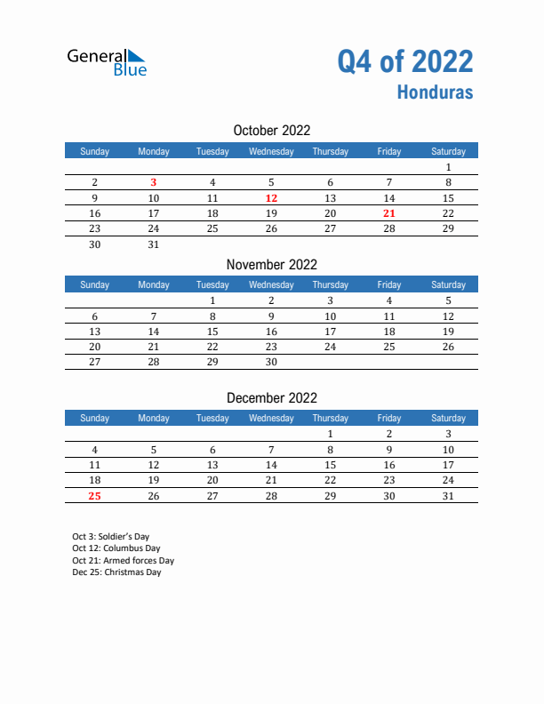 Honduras Q4 2022 Quarterly Calendar with Sunday Start