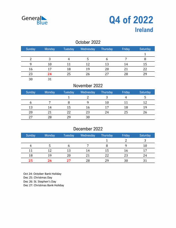 Ireland Q4 2022 Quarterly Calendar with Sunday Start