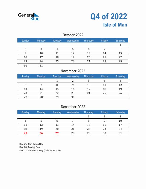 Isle of Man Q4 2022 Quarterly Calendar with Sunday Start