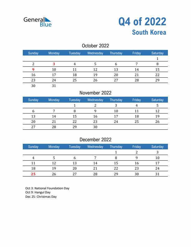 South Korea Q4 2022 Quarterly Calendar with Sunday Start