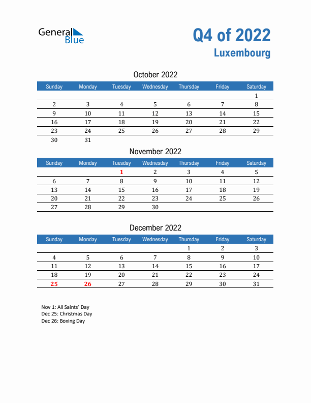 Luxembourg Q4 2022 Quarterly Calendar with Sunday Start