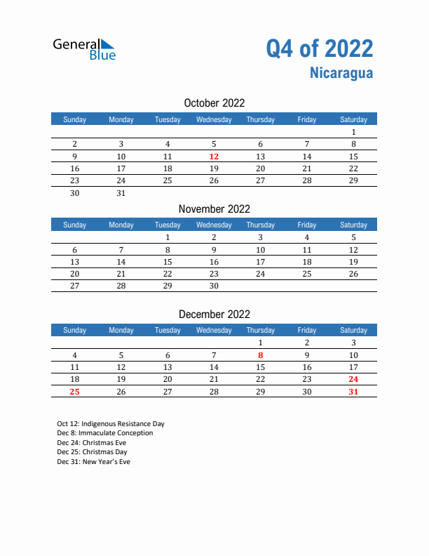 Nicaragua Q4 2022 Quarterly Calendar with Sunday Start