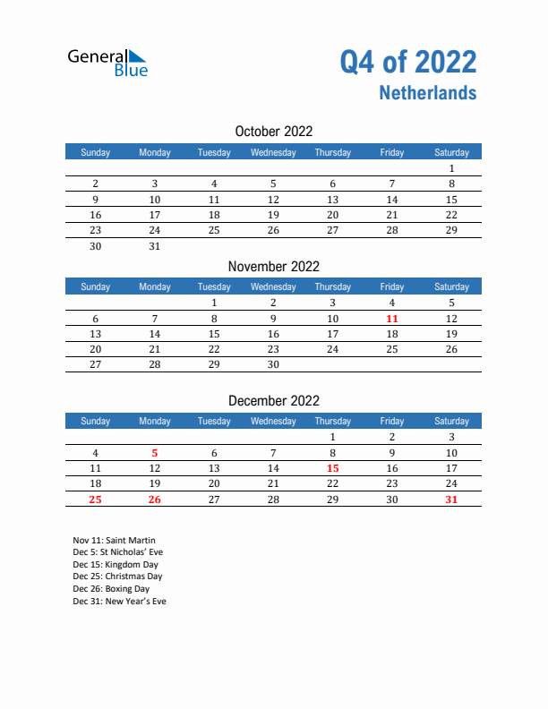 The Netherlands Q4 2022 Quarterly Calendar with Sunday Start