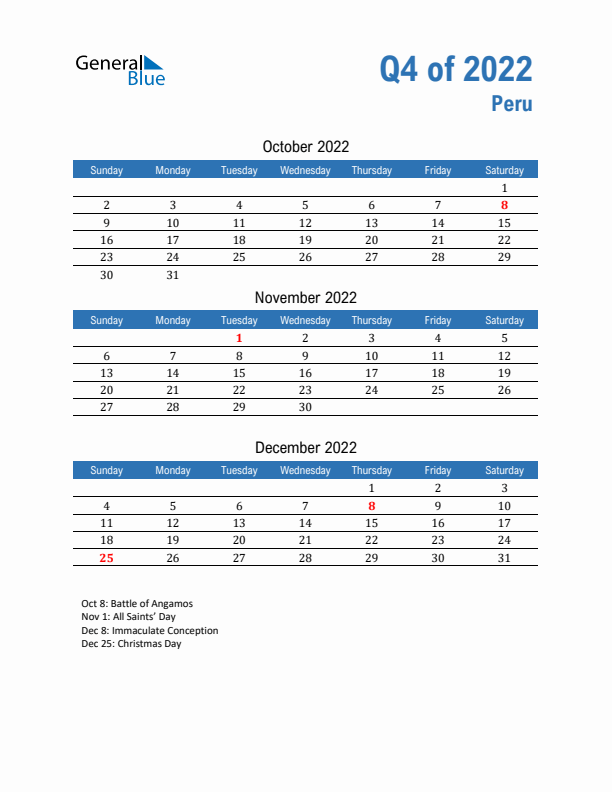 Peru Q4 2022 Quarterly Calendar with Sunday Start