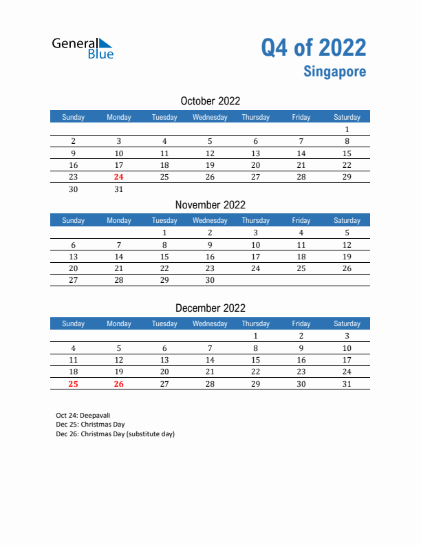 Singapore Q4 2022 Quarterly Calendar with Sunday Start