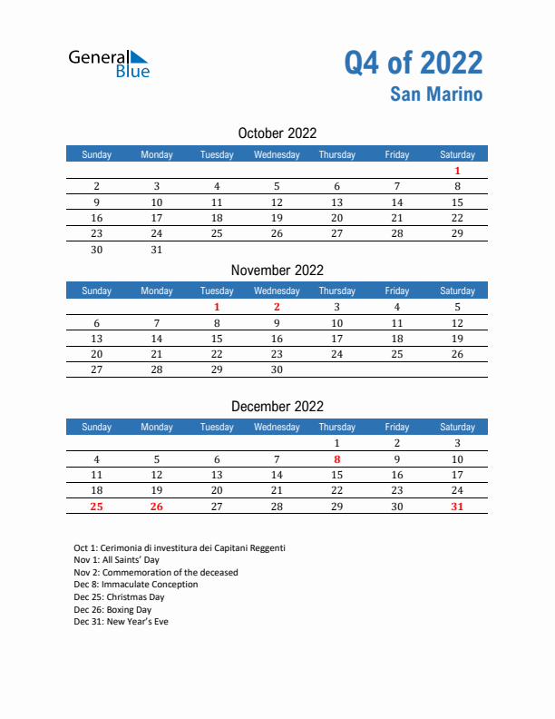 San Marino Q4 2022 Quarterly Calendar with Sunday Start