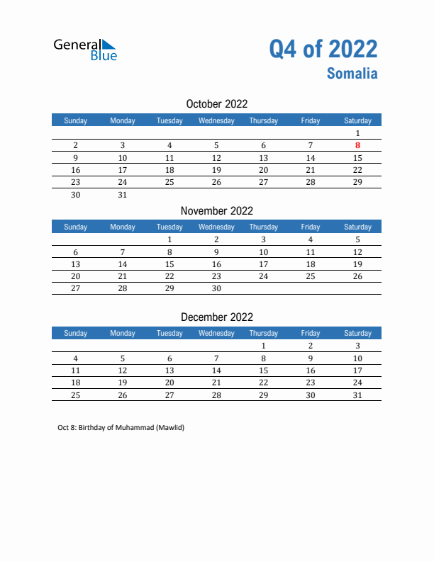 Somalia Q4 2022 Quarterly Calendar with Sunday Start