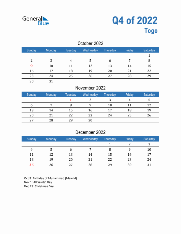 Togo Q4 2022 Quarterly Calendar with Sunday Start