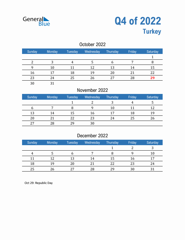 Turkey Q4 2022 Quarterly Calendar with Sunday Start