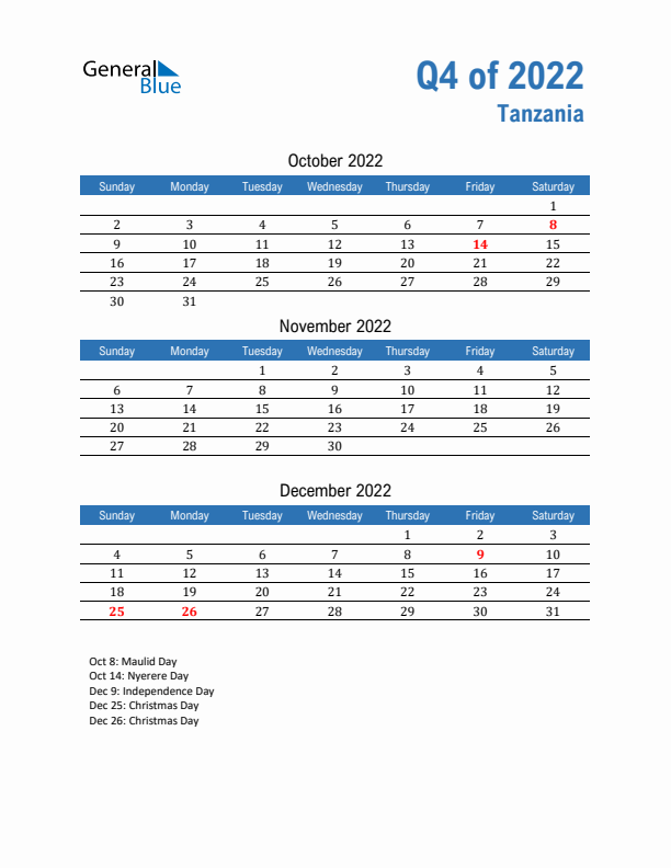 Tanzania Q4 2022 Quarterly Calendar with Sunday Start