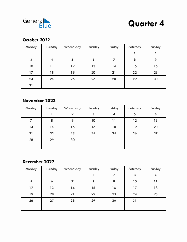 Quarter 4 2022 Calendar - Monday Start