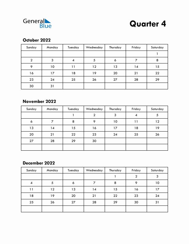 Quarter 4 2022 Calendar - Sunday Start